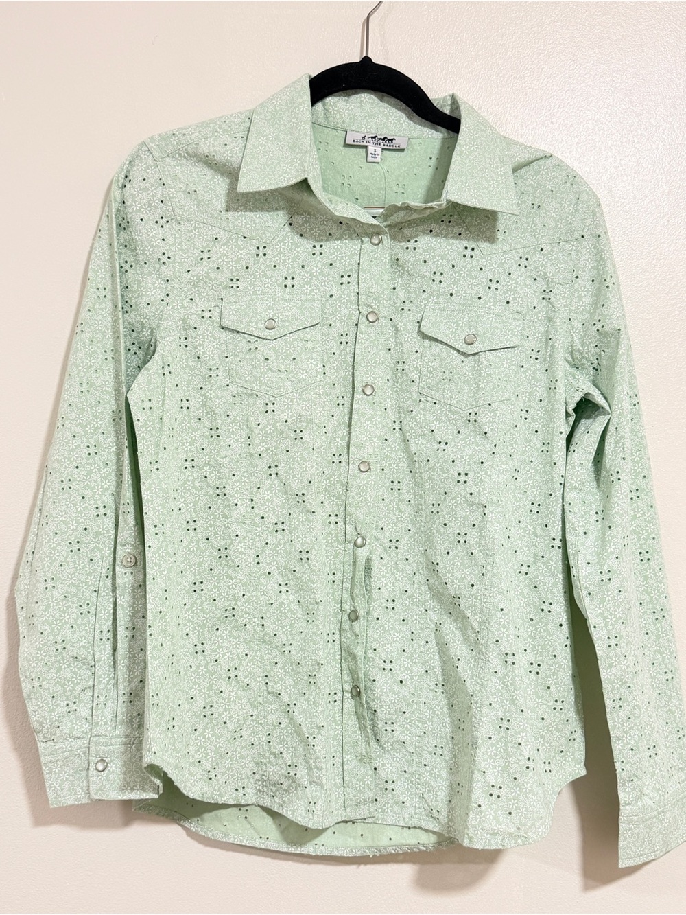 NWT Back in the Saddle Green Eyelet Pearl Snap Size S Western Cowgirl country